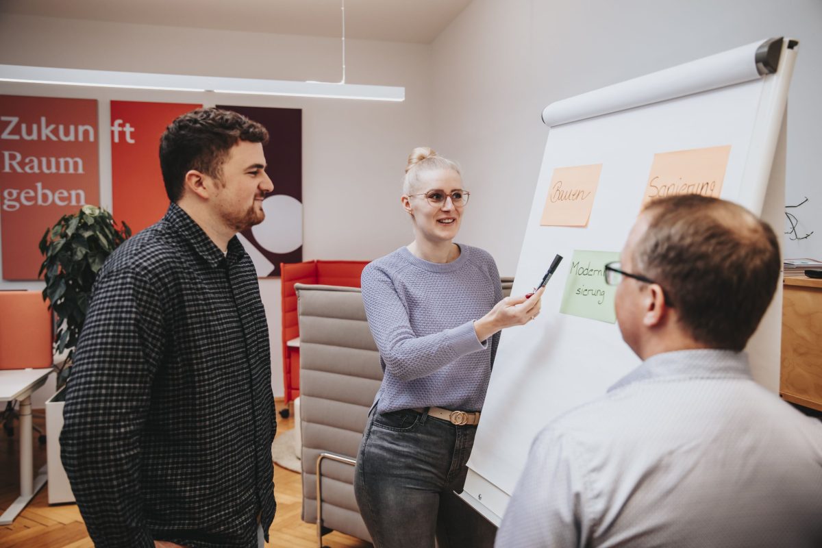 Drei Personen stehen um einen Flipchart und besprechen die Themen.