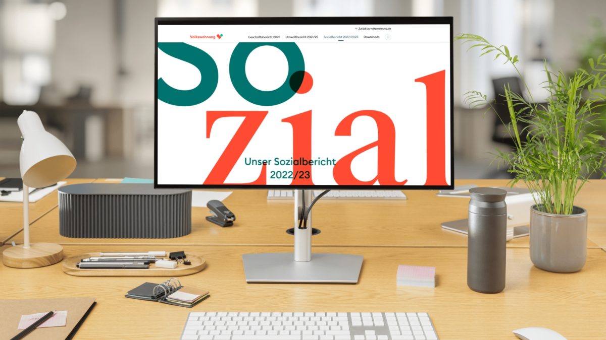 Mock-up von unserer Startseite des Sozialberichts auf einem Bildschirm.