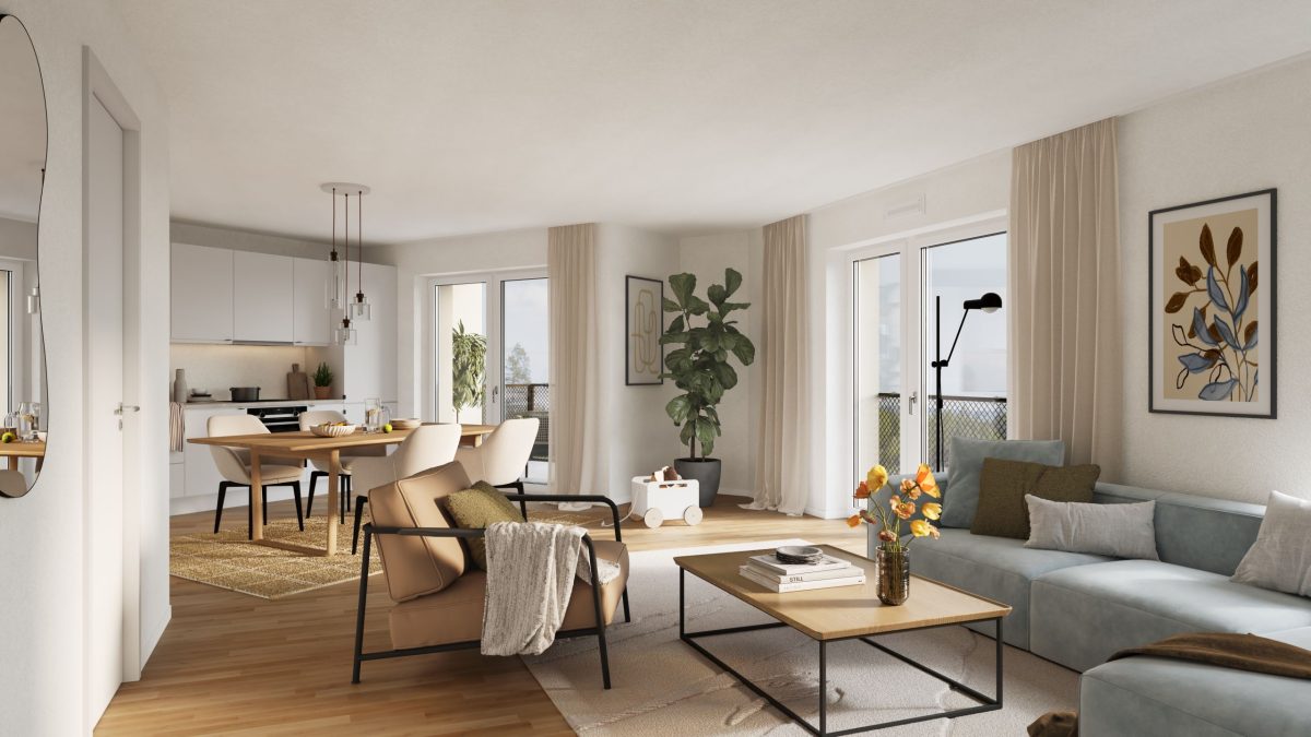 Visualisierung Wohn- und Esszimmer im Wohnpark Mittendrin.