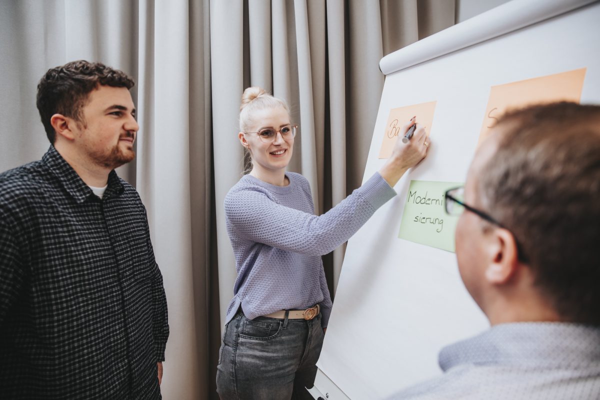Drei Personen stehen an einer Flipchart mit angehefteten Zetteln. Eine Person zeigt mit einem Stift auf die Flipchart.