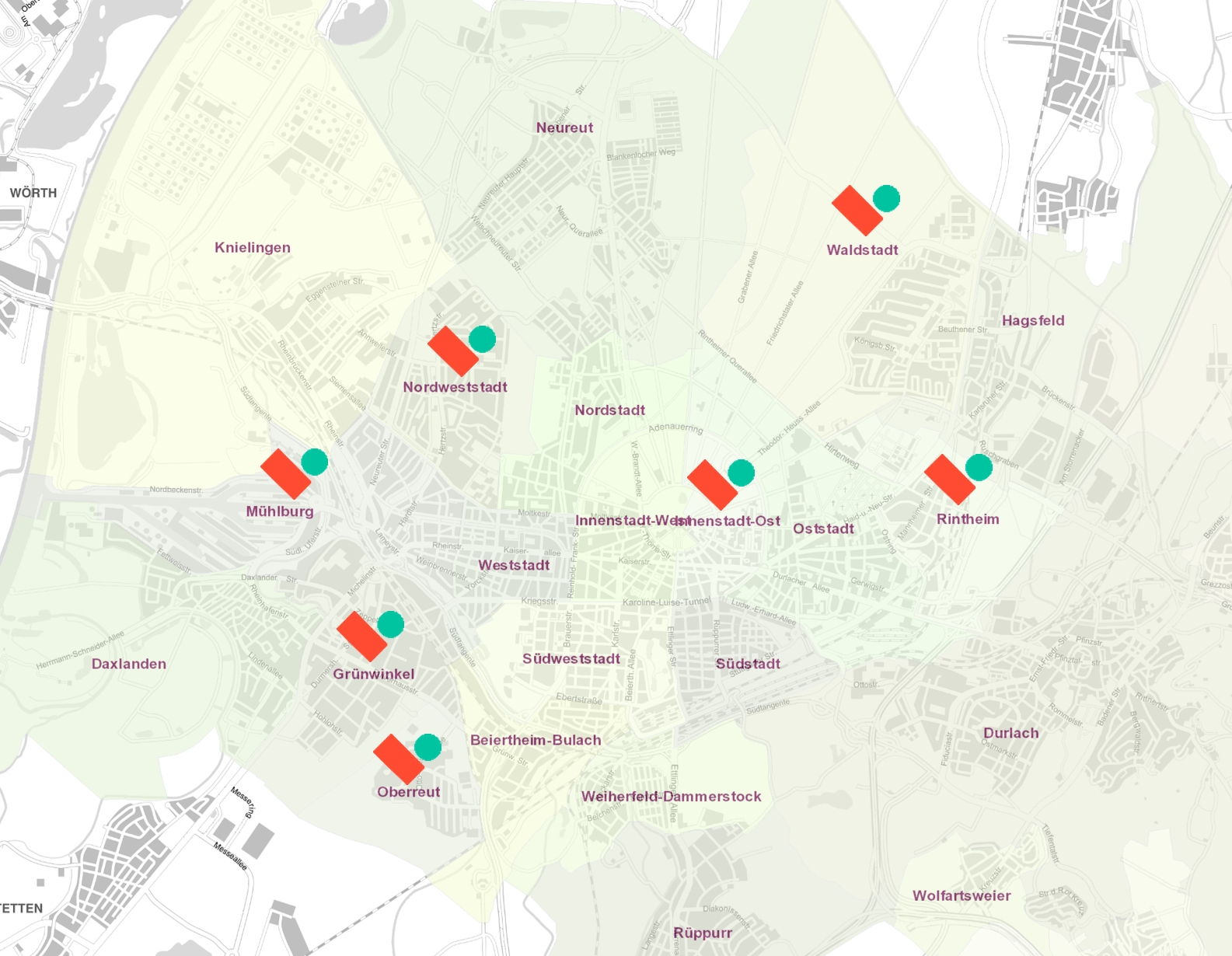 Karte der Karlsruher Stadtteile mit markierten Standorten von Kooperationen, unter anderem in Knielingen, Mühlburg, Nordweststadt, Neureut, Waldstadt, Rintheim, Grünwinkel und Oberreut.